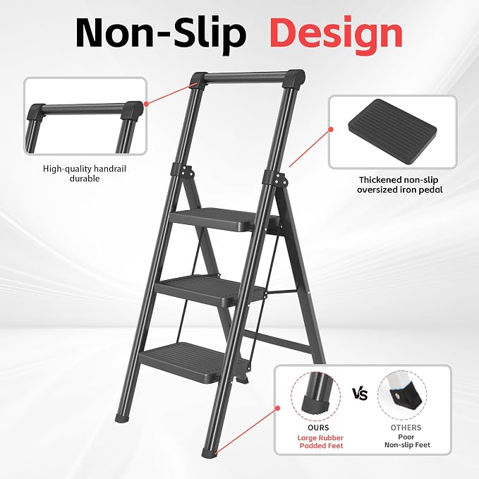 Foldable Step Ladder Stool for Home,3 Step Stool with Wide Anti-Slip Pedal, Heavy Duty 600Lbs Ladder for Indoor Kitchen Closet Stair Use, Black