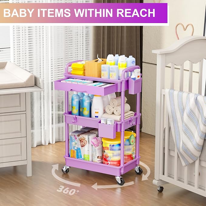 Goovilla 3 Tier Rolling Utility Cart Organizer with Removable Drawer, Stable and Sturdy Purple Rolling Storage Carts with 2 Lockable Wheels for Bathroom, Kitchen, Snack, Craft, Makeup, Baby Essentials