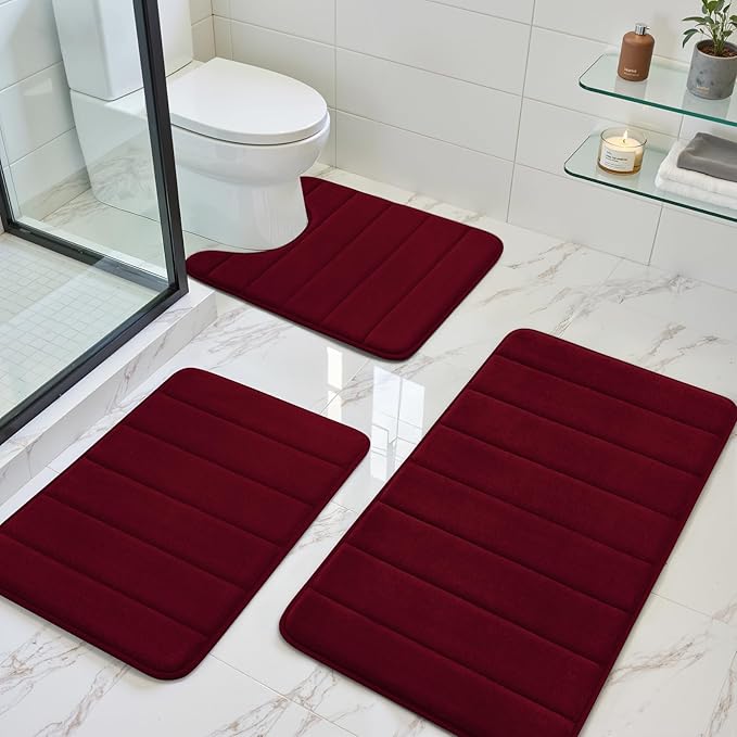BYSURE Burgundy Memory Foam Bathroom Rug Set 3 Piece, Non Slip Extra Soft Absorbent Machine Washable Toilet Bath Toilet Mat (17"x24"+20"x32"+U Shape 20"x24")