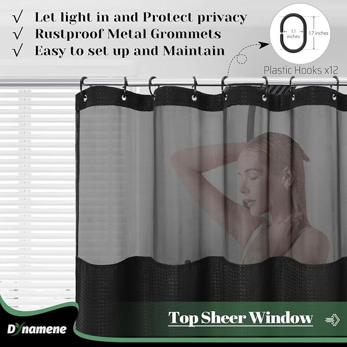 Dynamene 78 Inch Long Shower Curtain, Tall Waffle Fabric Shower Curtains for Bathroom, Hotel Waterproof Cloth Shower Curtain Liner Set with Hooks, Snap in Liner, Mesh Top Window, Black, 72x78
