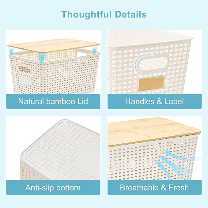 Bagnizer 2 Pack Tall Plastic Storage Bins with Bamboo Lids, 10.8qt Stackable Storages Baskets for Organizing Desktop Closet Playroom Classroom Office, 12"L x 8.3"W x 6.1"H, Cream White