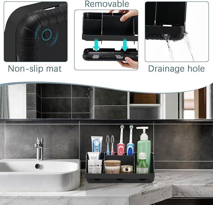 GFWARE Black Toothbrush Holder - 7 Slots Bathroom Organizer Countertop with Drainage Matte Black Electric Toothbrush and Toothpaste Holder for Bathroom Accessories Organization Vanity Sink Storage