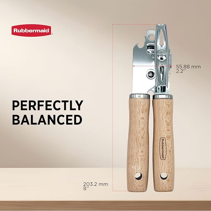 Rubbermaid Heavy Duty Can Opener Manual, Hand-Held Can Opener with Stainless Steel Cutting Wheel - Jar Opener | Solid Beechwood Handles, Kitchen Appliances | Beechwood & Stainless Steel Collection