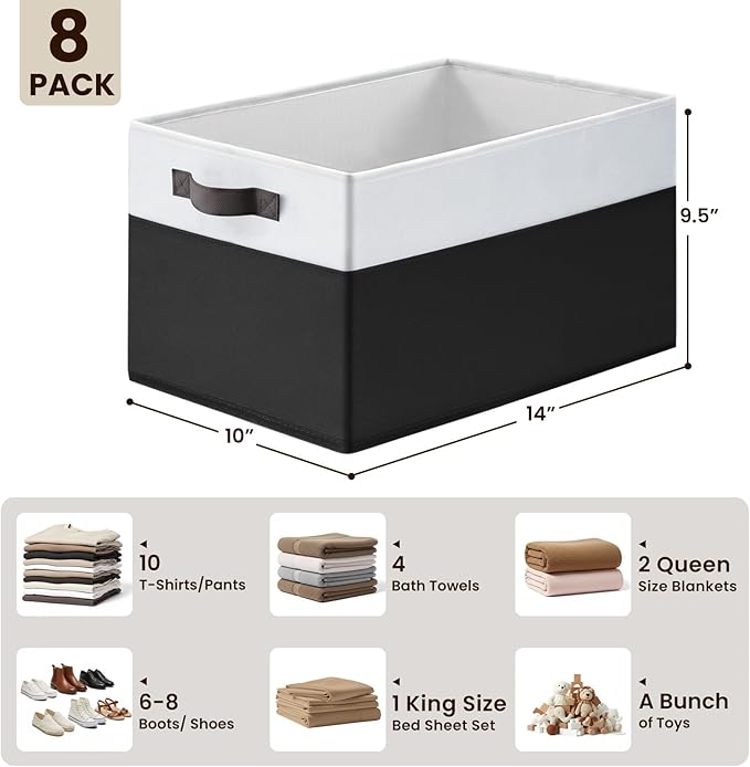 Criusia 8 Pack Large Storage Baskets for Room Organization, Multi-Purpose Bins for Closet, Shelves, Kitchen, Office, Decorative Fabric Foldable Storage Boxes with Handles (14L*10W*9.5H)