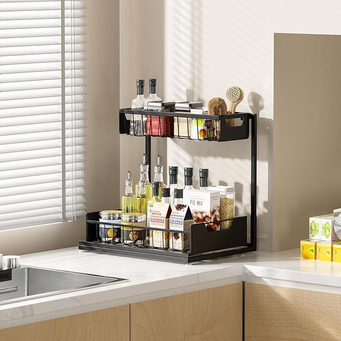 Ceetug Under Kitchen Sink Organizers and Storage Pull Out 2 Tier Metal Bathroom Cabinet Organizer (Black, 2 Pack)