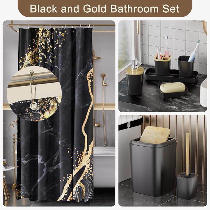 XLHOMO Bathroom Set Bathroom Sets with Shower Curtain and Rugs,Black Bathroom Accessories Set Waterproof Black and Gold Shower Curtain Set
