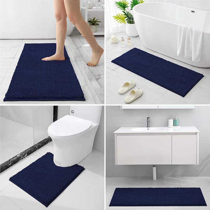 HOMEIDEAS 3 Pieces Bathroom Rugs, Extra Large Ultra Soft Non Slip Absorbent Chenille Toilet Bath Mat Set (Navy Blue)