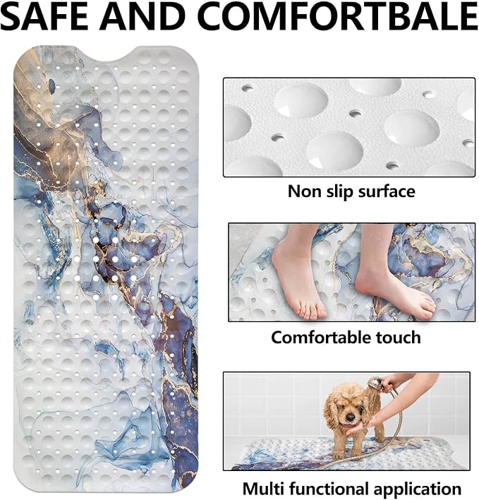 LNOND Marble Bath Tub Mat Non Slip, Extra Long 40 X 16 Inch Anti Slip Mat for Bathtub, White Blue Gold Marble Shower Mat with Drain Holes and Suction Cups, Machine Washable