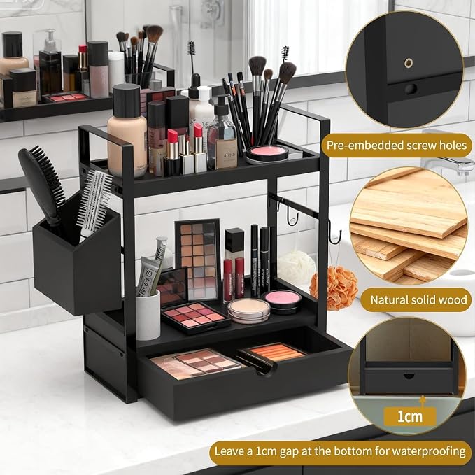 2-Tired Bathroom Counter Organizers and Storage, Coffee Bar Organizer with Drawer, Solid Wood Skincare Perfume Organizer for Vanity Kitchen Corner Shelf Office Countertop (Black)