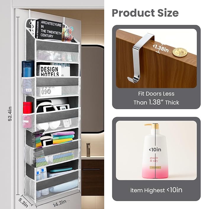 Easy Assembly Over The Door Organizer, 5 Shelves& 8 Side Pockets, Heavy-Duty Reinforced Mesh Rack Holds 44lb, Hanging Behind Door Storage for Bathroom Pantry, Nursery, Closet, Shoes, Towels- Dark Grey