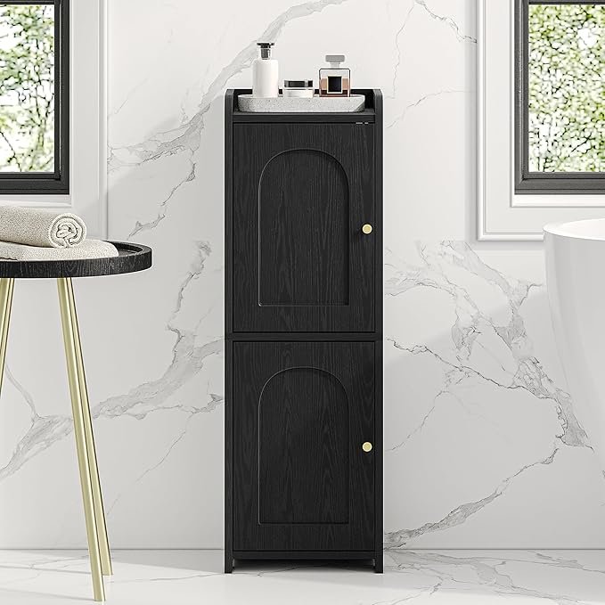 Hzuaneri Bathroom Storage Cabinet, Small Corner Floor Cabinet with 2 Doors and Adjustable Shelf, Narrow Toilet Paper Cabinets, Bathroom Organizer for Small Spaces, 7.9" D x 9.8" W x 29.5" H Black