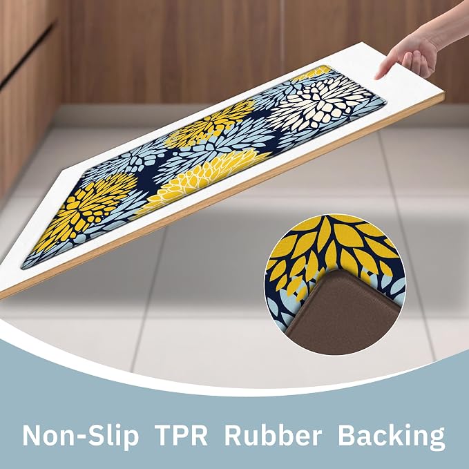Kitchen Mats Set of 2 Cushioned Anti Fatigue Kitchen Rugs Non Slip Waterproof Kitchen Runner Memory Foam Floor Mat Comfort Standing Mat for Sink,Office,Laundry, Navy Yellow