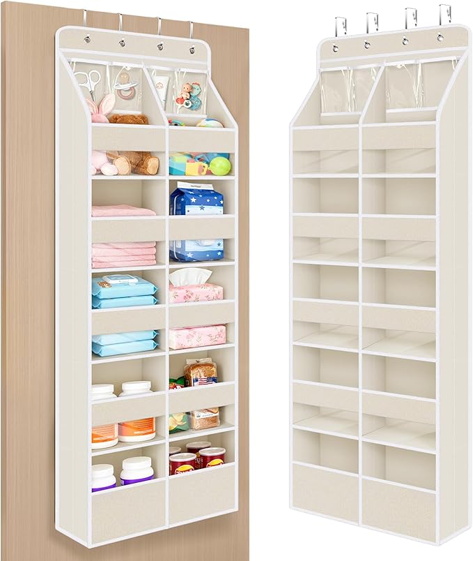 Univivi 6-Shelf Over Door Hanging Organizer Fabric Door Storage with 10 Large Pockets and 4 Small PVC Pockets Closet Cabinet Wall Mount Hanging Storage Organizers for Baby Nursery (Beige Pattern)