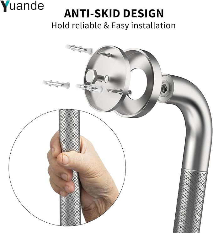 20 Inch Brushed Nickel Shower Grab Bar with Anti-Slip Knurled Grip,YuanDe Stainless Steel Bathroom Grab Bars，Shower Handrail Support, Handicap Elderly Balance Assist Handles