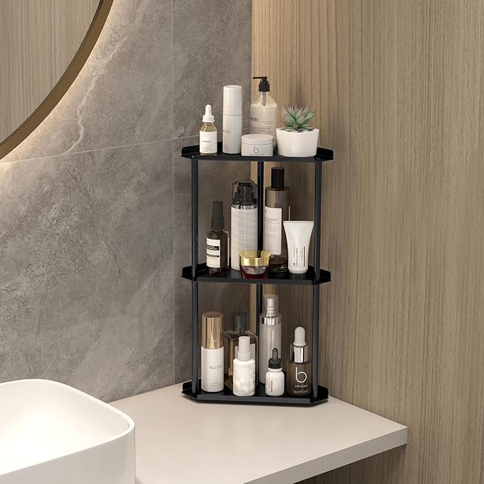 Jesginboo 3 Tier Bathroom Counter Organizer, Vanity Organizer Corner Shelf, Skincare, Makeup Countertop Organizers, Kitchen, Bathroom Counter Storage, Black