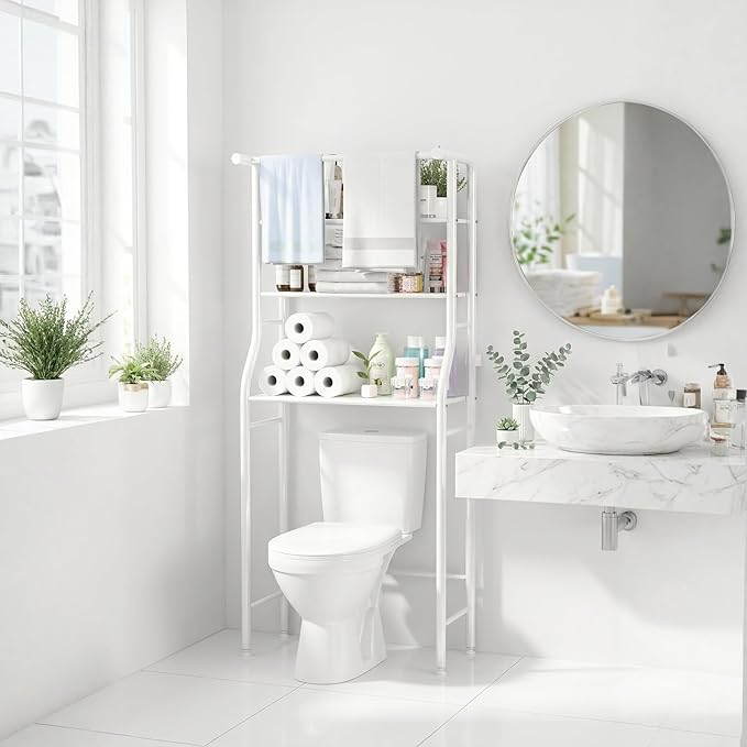 UDEAR 3-Tier Over The Toilet Rack,Bathroom Shelf Space Saver,Corner Stand Storage Organizer Accessories,the Washing Machine,with Hanging Rod,Tower Shelf,White