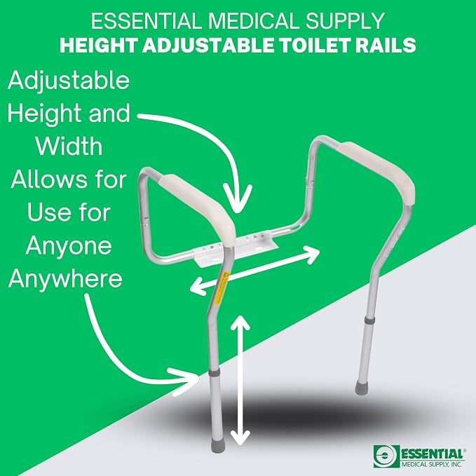 Essential Medical Supply Adjustable Toilet Safety Rails with Handles - Sturdy and Secure Toilet Frame for Elderly and Seniors - Toilet Helper with Adjustable Handles for Added 250lb Support and Safety