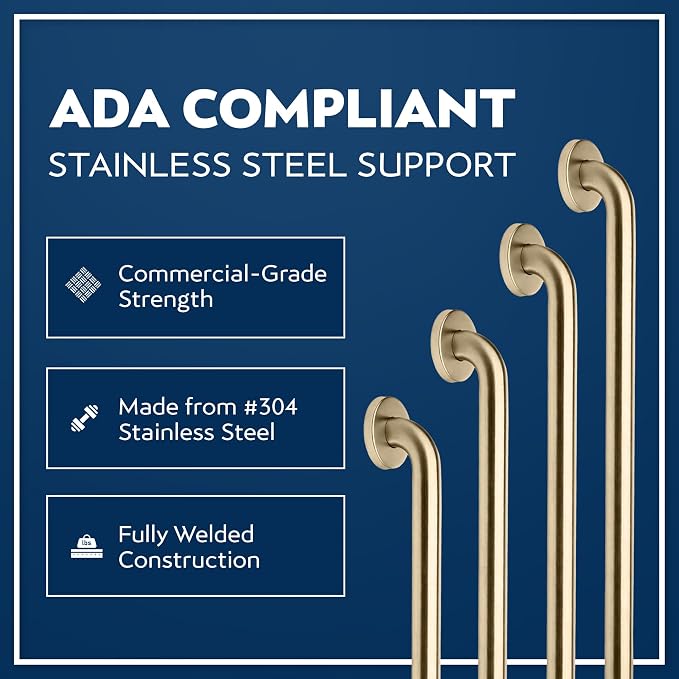 Shower Grab Bars 4 Pack – Complete Bathroom Safety Starter Bundle for Seniors – 16", 18", 24", 32" Lengths, 1.25" Diameter, 500 lb Rated – All-in-One Grab Bar Shower Safety Solution – Brushed Brass