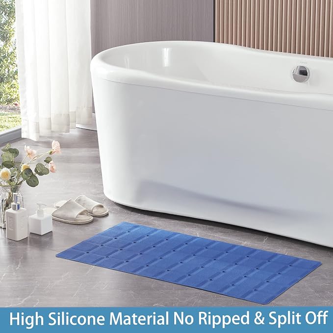 Webos Foldable Silicone Bathtub Mat: Jumbo Size Heavy Duty Safety Bath Mat for Tub Without Suction Cups Non Slip Bath & Shower Mat for Textured, Reglazed, Refinished Tub (Navy Blue, 35.8 x 17.7)