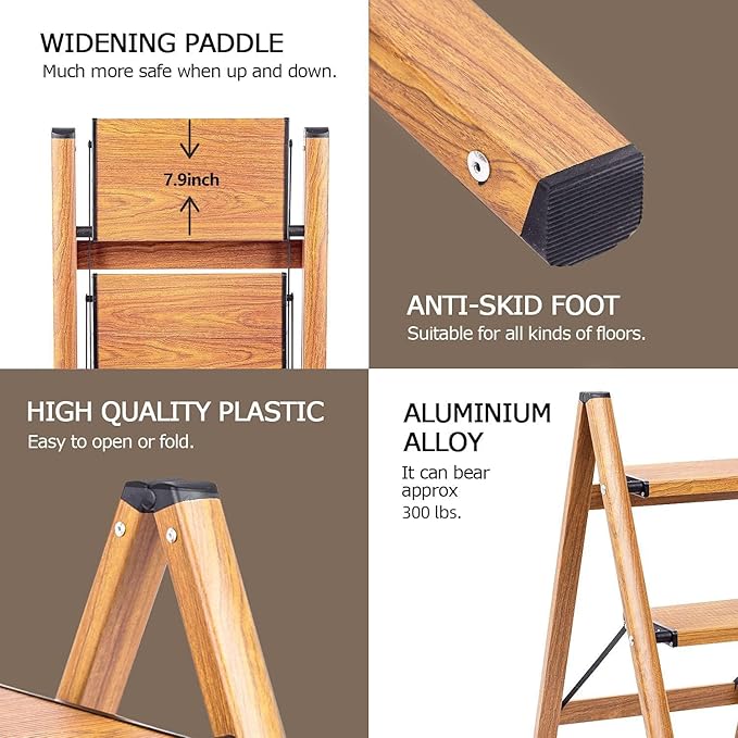 SOLADDER 3 Step Ladder, Folding Aluminum 3 Step Stool with Anti-Slip Wide Sturdy Pedal, Multi-Use for Home and Kitchen, Space Saving-Woodgrain(300 lbs Capacity)