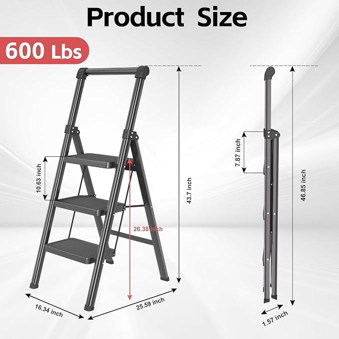 Foldable Step Ladder Stool for Home,3 Step Stool with Wide Anti-Slip Pedal, Heavy Duty 600Lbs Ladder for Indoor Kitchen Closet Stair Use, Black