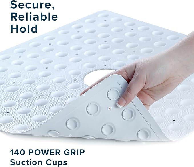 SlipX Solutions Square Natural Rubber Shower Stall Mat, 21” x 21”, Mildew Resistant, Non Slip Safety, Antimicrobial Product Protection, 140 Power Grip Suction Cups, Center Drain Hole, White