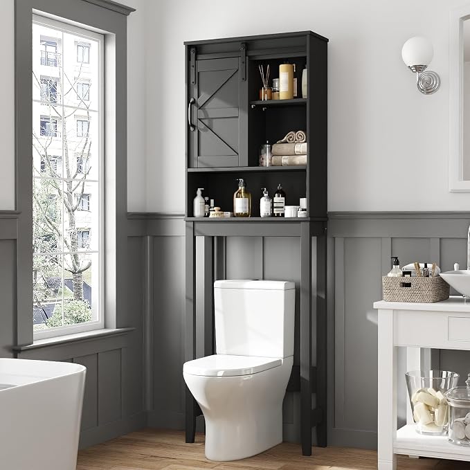 Over The Toilet Storage Cabinet, Bathroom Organizer with Anti-Tip Kit, Adjustable Shelves, Elegant Matte Black Finish Suits Modern Bathrooms.