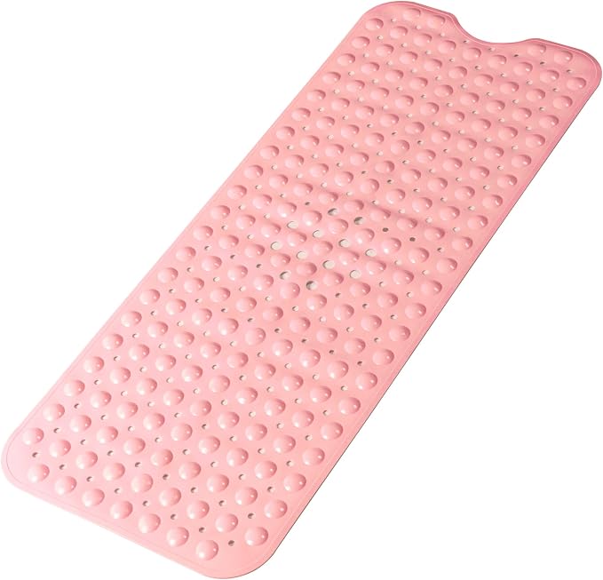 Bathtub and Shower Mats, Extra Long Non-Slip Bath Mat 39 x 16 Inch, Machine Washable Bath Tub Mat with Suction Cups & Drain Holes for Bathroom, Pink