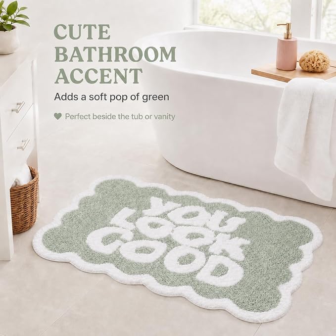 Scalloped Sage Green Bath Rug, You Look Good Cute Bathroom Rug, Soft Absorbent Quick Dry Bath Mat, TPR Non Slip Backing, Microfiber Mat for Shower Tub Sink Vanity 20" x 31.5"