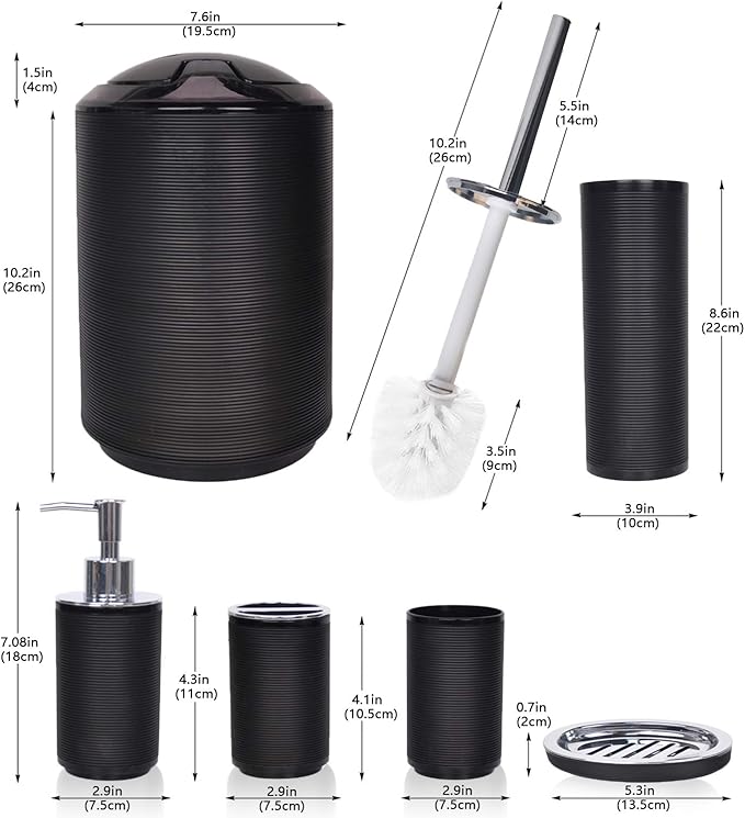 CERBIOR Bathroom Accessories Set 6 Piece Bath Ensemble Includes Soap Dispenser, Toothbrush Holder, Toothbrush Cup, Soap Dish for Decorative Countertop and Housewarming Gift, Black