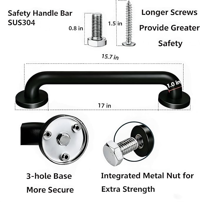 16 Inch Black Stainless Steel Handrail, Safety Grab Bars for Wall, Handicap Grab Bars for Bathroom, Shower, Toilet, RV, Hand Rails for Indoor Stairs, Stair Railing Indoor & Outdoor (2 Pack)