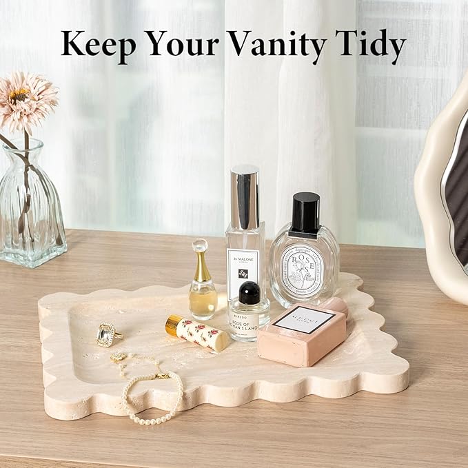Koville Scalloped Marble Tray, 11"x8" Natural Marble Vanity Tray for Countertop Bathroom Kitchen Dresser, Natural Stone Tray for Jewelry Perfume Home Decor, Decorative Catchall Trays