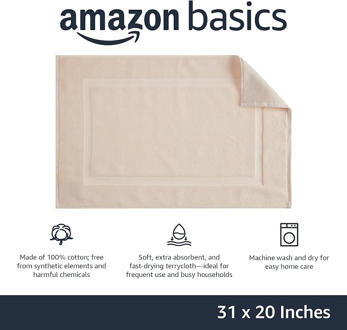 Amazon Basics Banded Bathroom Bath Rug Mat, Machine Washable, Super Absorbent, 100% Cotton, 20" W x 31" L, Cream