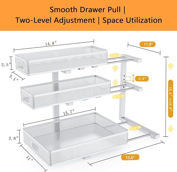Under Sink Organizer, 3-tier Under Sink Storage Organizer Adjustable Height Easy Assembly Pull Out Cabinet Organizers Basket for Bathroom Kitchen Pantry Home Organization