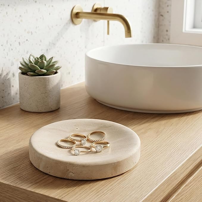 Koville Marble Jewelry Dish, Small Round Trinket Dish for Ring Necklace Earring, 4" Decorative Dish, Natural Stone Soap Dish for Bathroom Kitchen