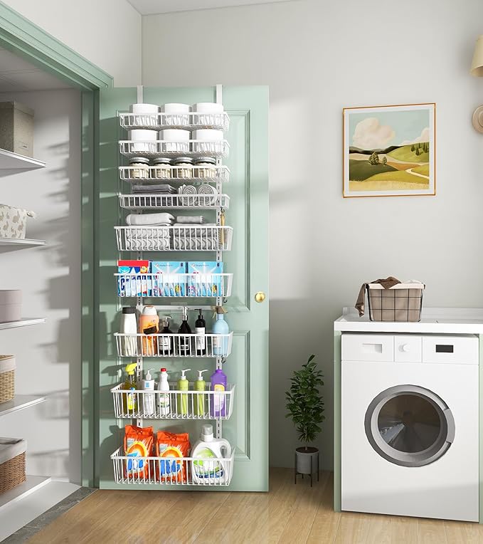 Mefirt White 9-Tier Over The Door Pantry Organizer, Pantry Organization and Storage, Deep Baskets Hanging Heavy-Duty Metal, Wall Spice Rack Seasoning Shelves for Home & Kitchen, Laundry Room Bathroom