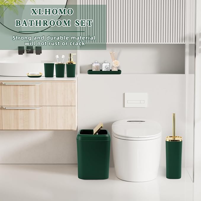 XLHOMO Green and Gold Bathroom Accessories Set, Bathroom Sets with Shower Curtain, Green Bathroom Accessories with Trash Can, Soap Dispenser, Soap Dish, Toilet Brush Holder, Qtip Holders