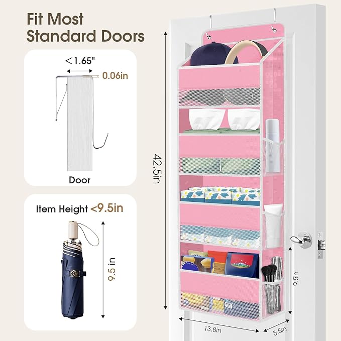 SpaceHacks 2 Pack Over The Door Organizer Hanging Storage Organizers with Clear Window 40lb Large Capacity Room Organizer for Pantry Laundry Bathroom Nursery Closet(Pink)