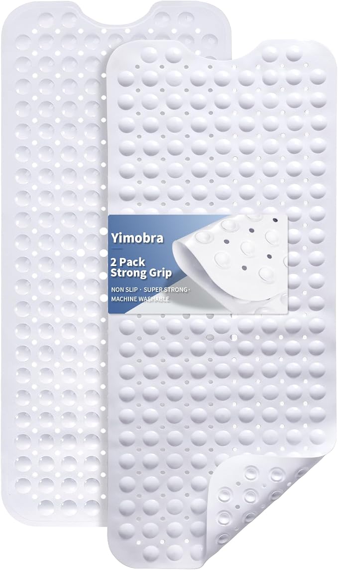 Yimobra 2-Pack Non Slip Bathtub Mat 40 x 16 Inch, Extra Long Shower Mat with Drain Holes, Machine Washable Baby Bath Mats, Strong Suction Cups for Bathroom Floor, White