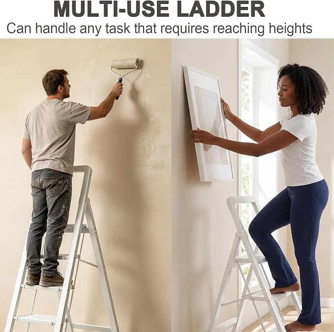 Step Ladder 3-Step White Finish Aluminum Folding Ladders