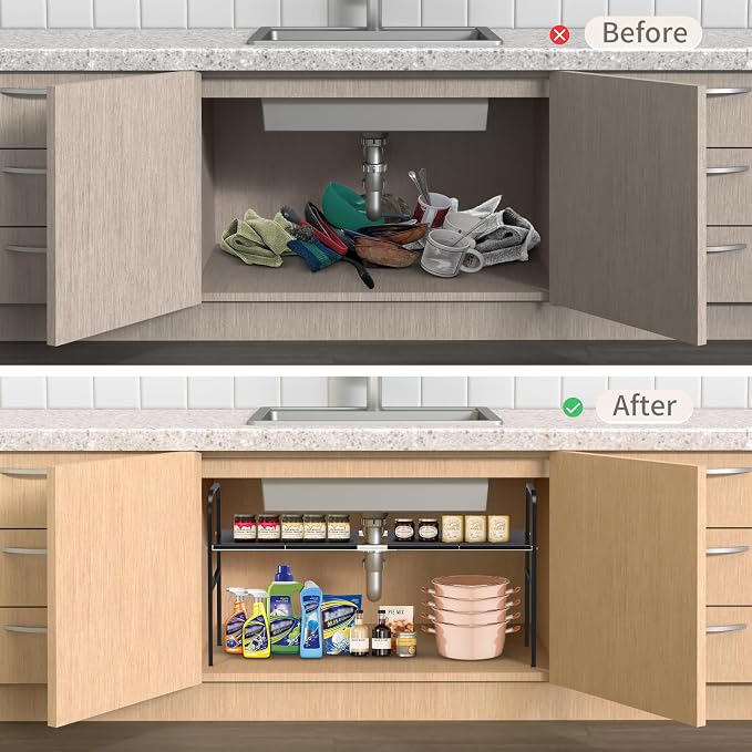 Expandable 2-Tier Under Sink Organizer, 8 Removable Plastic Boards, Tool-Free Installation (Black, 1-Tier 4 Boards)