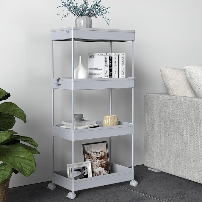 SPACELEAD 4 Tier Rolling Cart with Wheels, Storage Craft Art Trolley Organizer Serving, 3 Hanging Baskets Easy Assembly, for Office, Living Room, Kitchen