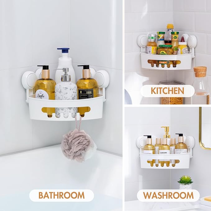 LEVERLOC Corner Shower Caddy Suction Cup, Shower Caddy Basket Powerful Suction Bathroom, Waterproof & Rustproof Organizer for Bathroom Storage, No-Drilling Removable (White)