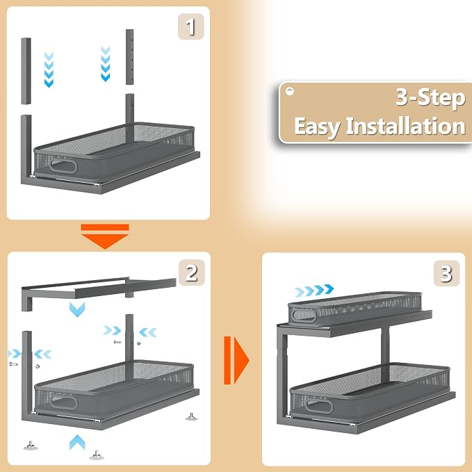 2-Pack 21.3 IN Depth Under Sink Organizer With Next-Gen Ball-Bearing Slides,Sophisticated Mesh 2-Tier Pull Out Shelf for Kitchen & Bathroom,Fits Small Items-Gun Gray