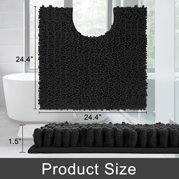 Yimobra Toilet Rug U Shaped Washable 24x24 Inch - Ultra Soft Absorbent Chenille Bath Rugs for Toilet, Quick Dry & Machine Washable, Non Slip Contour Bathroom Mat, Black