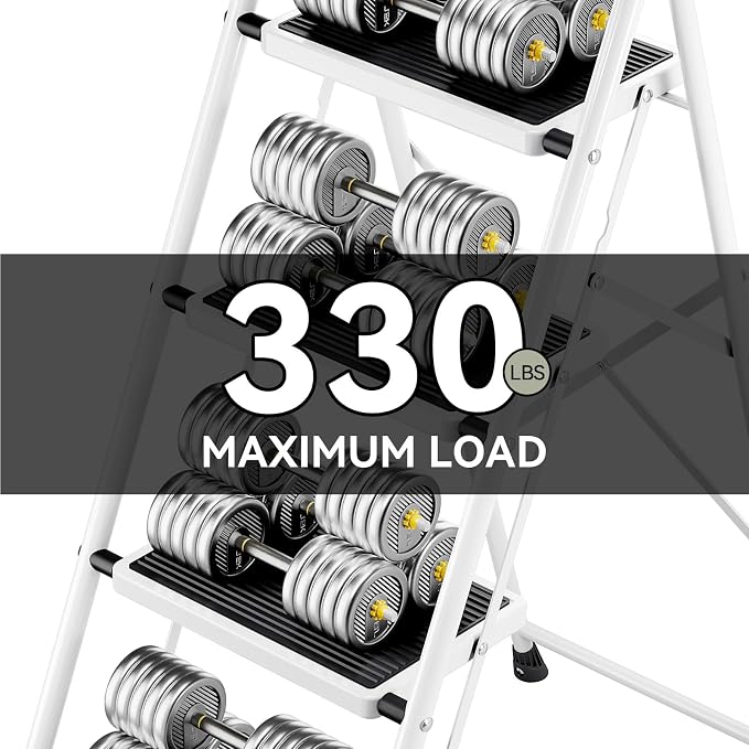 KINGRACK 4 Step Ladder, Folding Step Stool with Anti-Slip and Wide Pedal, Lightweight Stepladder with Handrails, Portable for Kitchen, Household, White