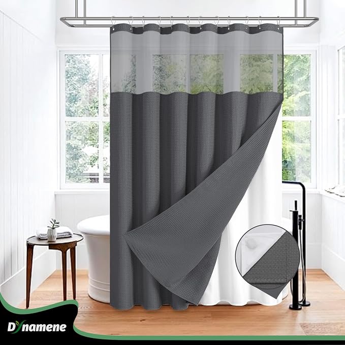 Dynamene 78 Inch Long Shower Curtain, Tall Waffle Fabric Shower Curtains for Bathroom, Hotel Waterproof Cloth Shower Curtain Liner Set with Hooks, Snap in Liner, Mesh Top Window, Charcoal Grey, 72x78