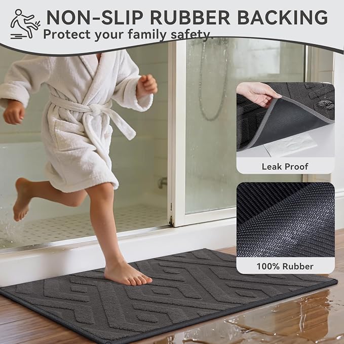 Non-Slip Bath Mat with Rubber Backing, Washable Thin Bath Mats for Bathroom Floor, Absorbent Bathroom Rugs, Quick Dry, Fits Under Door Grey 20x32