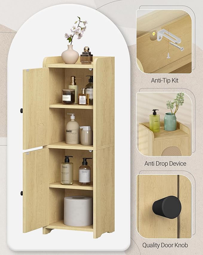 Hzuaneri Bathroom Storage Cabinet, Small Corner Floor Cabinet with 2 Doors and Adjustable Shelf, Narrow Toilet Paper Cabinets, Bathroom Organizer for Small Spaces, 7.9" D x 9.8" W x 29.5"Rattan Yellow