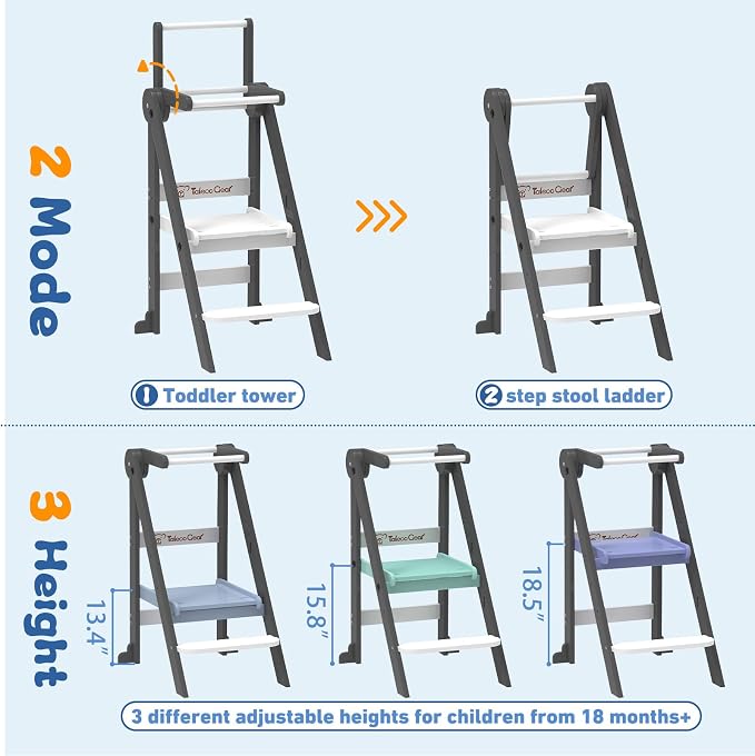 Foldable Toddler Tower, Toddler Kitchen Stool Helper with Safety Net, Wooden Kitchen Step Stool for Toddlers with Adjustable Height, Standing Tower for Learning and Cooking(Blue)